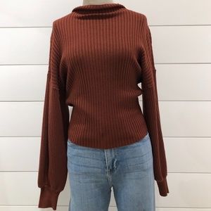 Rust Mock Neck Ribbed Sweater with Blouson Sleeve